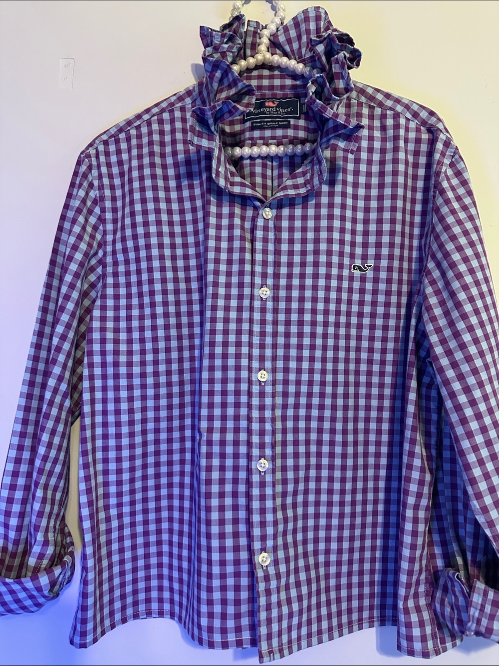 Vineyard Vines Purple and blue Gingham Ruffled colllar Shirt